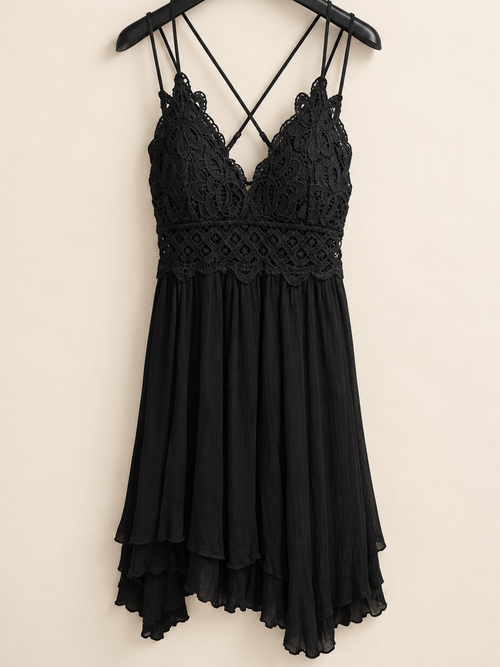 HYFVE Midi Dress Black Floral Lace Strappy High Low Romantic Goth Size M